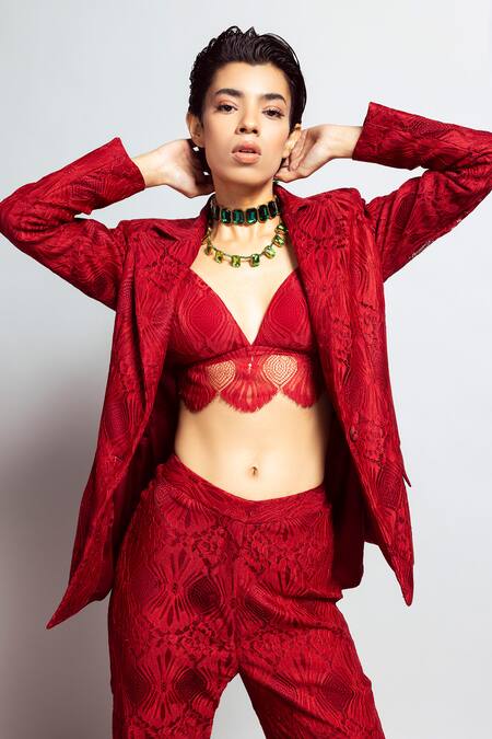 Shop Nirmooha Red Lace Embroidery Intense Chantilly Embellished Bralette Online at Aza Fashions Shop_Nirmooha_Red Lace Embroidery Intense Chantilly Embellished Bralette _Online_at_Aza_Fashions