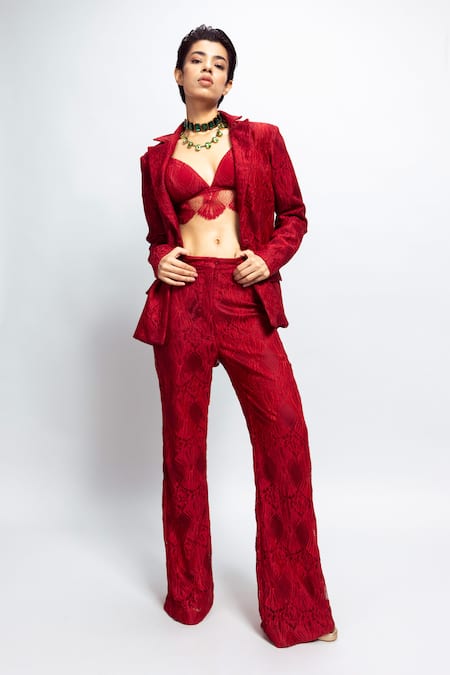 Shop Nirmooha Red Lace Embroidery Intense Chantilly Embellished Bralette Shop_Nirmooha_Red Lace Embroidery Intense Chantilly Embellished Bralette