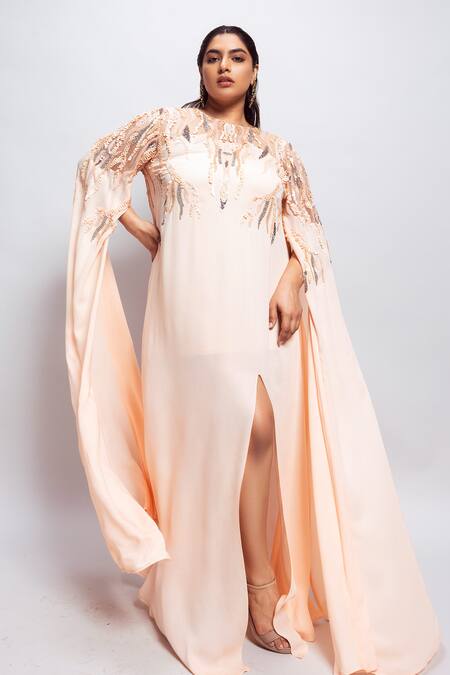 Nirmooha Peach Georgette Sequins Round Neck Yoke Embroidered Kaftan at Aza Fashions Nirmooha_Peach Georgette Sequins Round Neck Yoke Embroidered Kaftan _at_Aza_Fashions