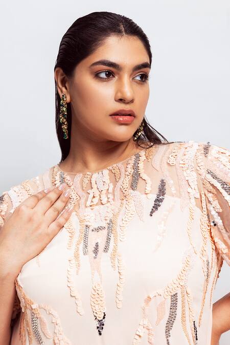 Buy Nirmooha Peach Georgette Sequins Round Neck Yoke Embroidered Kaftan Buy_Nirmooha_Peach Georgette Sequins Round Neck Yoke Embroidered Kaftan