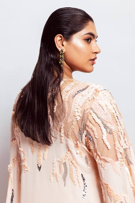Shop Nirmooha Peach Georgette Sequins Round Neck Yoke Embroidered Kaftan Shop_Nirmooha_Peach Georgette Sequins Round Neck Yoke Embroidered Kaftan