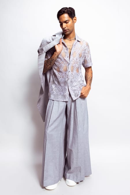 Buy Nirmooha Grey Linen Embroidery Chantilly Lace Embellished Trench Coat Buy_Nirmooha_Grey Linen Embroidery Chantilly Lace Embellished Trench Coat