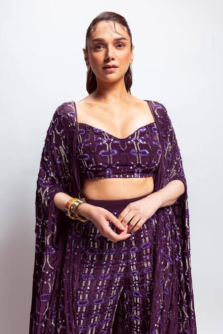 Shop_Nirmooha_Purple Crepe Cut Work, Sequins, Embroidery Sweetheart Neck Cutdana Bustier _Online_at_Aza_Fashions