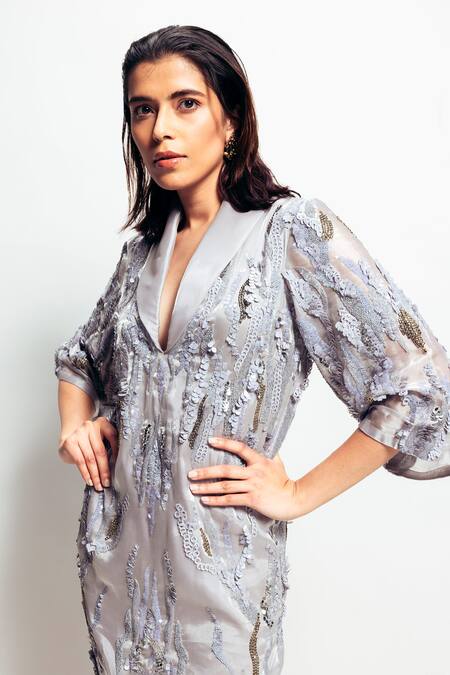 Buy_Nirmooha_Grey Organza Sequins Collared Hand Embroidered Dress 