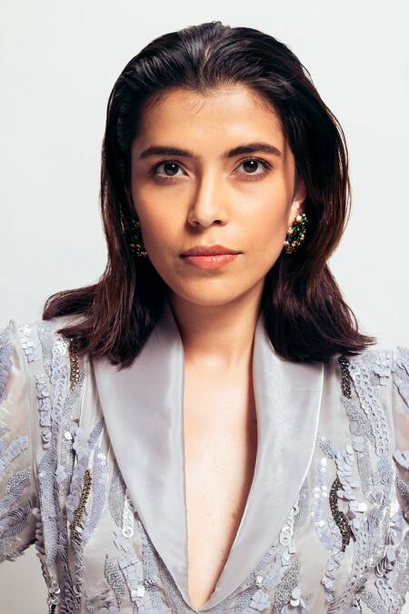 Shop_Nirmooha_Grey Organza Sequins Collared Hand Embroidered Dress 