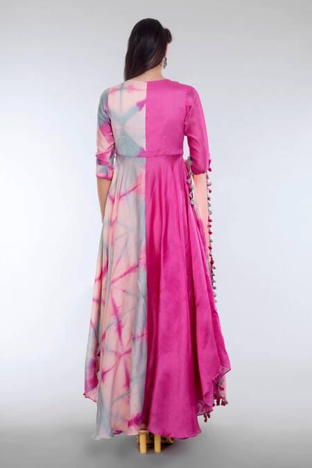 Shop Leela By A Pink Chanderi Silk Pom-poms V-neck Tie Dye Angarkha Pant Set at Aza Fashions Shop_Leela By A_Pink Chanderi Silk Pom-poms V-neck Tie Dye Angarkha Pant Set_at_Aza_Fashions