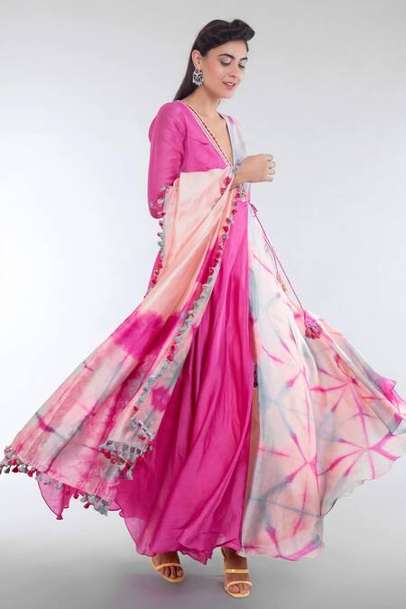 Buy Leela By A Pink Chanderi Silk Pom-poms V-neck Tie Dye Angarkha Pant Set Online at Aza Fashions Buy_Leela By A_Pink Chanderi Silk Pom-poms V-neck Tie Dye Angarkha Pant Set_Online_at_Aza_Fashions