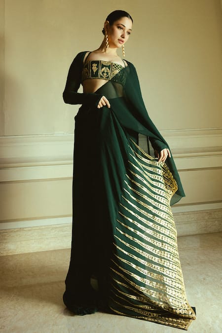 Shop_Masaba_Green Silk Embroidery Square Neck Pre-draped Saree And Blouse Set _at_Aza_Fashions