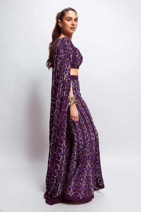 Buy_Nirmooha_Purple Crepe Sequins, Embroidery Geometric Flared Pant _Online_at_Aza_Fashions