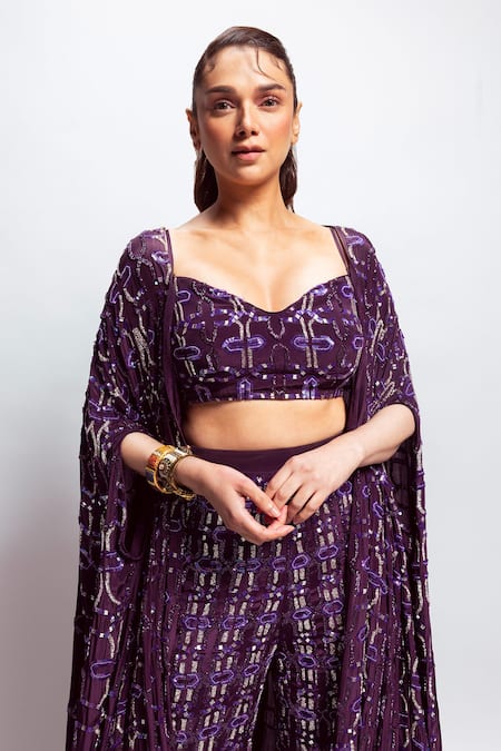 Shop_Nirmooha_Purple Crepe Sequins, Embroidery Geometric Flared Pant _Online_at_Aza_Fashions