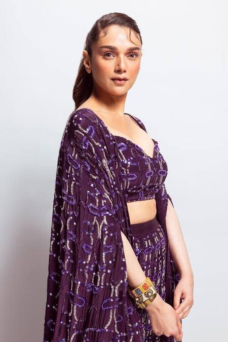Nirmooha_Purple Crepe Sequins, Embroidery Geometric Flared Pant _at_Aza_Fashions