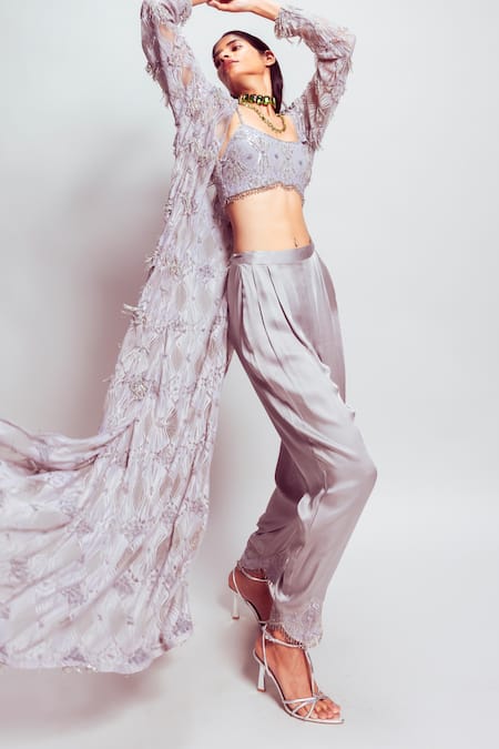 Nirmooha Grey Crepe, Silk Sequins, Beads Hand Embroidered Bralette at Aza Fashions Nirmooha_Grey Crepe, Silk Sequins, Beads Hand Embroidered Bralette _at_Aza_Fashions