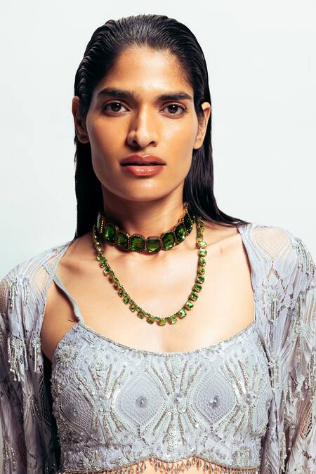 Shop Nirmooha Grey Crepe, Silk Sequins, Beads Hand Embroidered Bralette Shop_Nirmooha_Grey Crepe, Silk Sequins, Beads Hand Embroidered Bralette