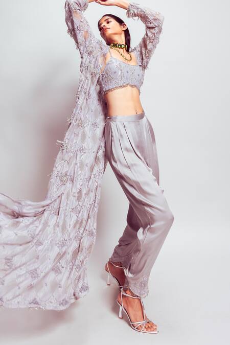 Nirmooha_Grey Modal, Satin Sequins, Beads Hand Embroidered Hem Pant _at_Aza_Fashions