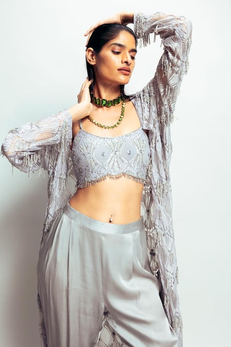 Shop Nirmooha Grey Hand Embroidered Cape Shop_Nirmooha_Grey Hand Embroidered Cape