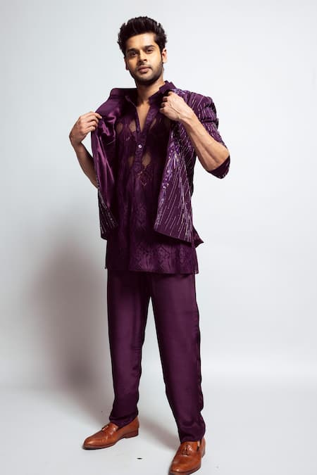 Shop_Nirmooha_Purple Crepe Sequins, Beads Hand Embroidered Deep Plum Jacket _Online_at_Aza_Fashions