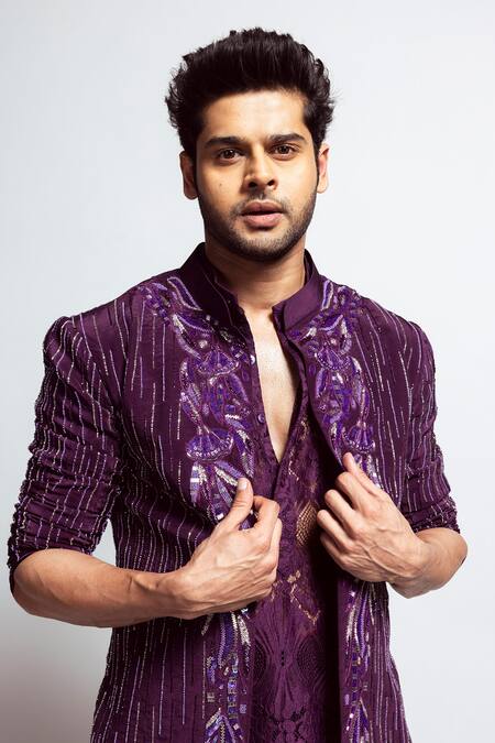 Nirmooha_Purple Crepe Sequins, Beads Hand Embroidered Deep Plum Jacket _at_Aza_Fashions