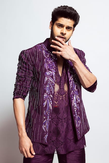 Buy_Nirmooha_Purple Crepe Sequins, Beads Hand Embroidered Deep Plum Jacket 