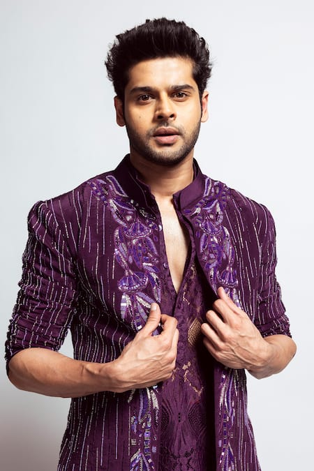 Nirmooha_Purple Chiffon Embroidery Chantilly Hand Shirt _at_Aza_Fashions