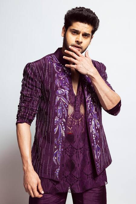 Buy_Nirmooha_Purple Chiffon Embroidery Chantilly Hand Shirt 