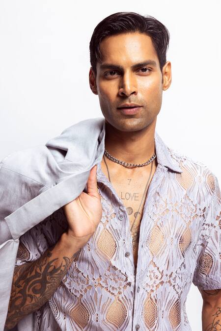 Buy_Nirmooha_Grey Embroidery Chantilly Lace Shirt 