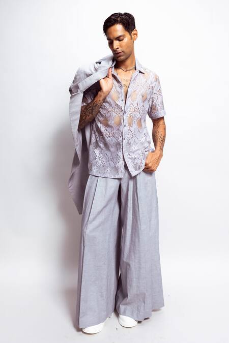 Shop_Nirmooha_Grey Embroidery Chantilly Lace Shirt 