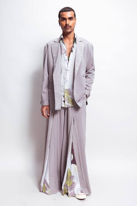 Nirmooha_Grey Lurex Lapel Collared Blazer _at_Aza_Fashions