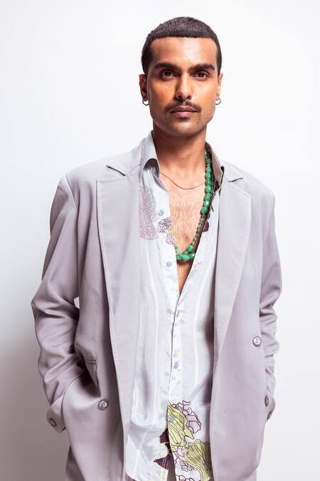 Shop_Nirmooha_Grey Lurex Lapel Collared Blazer 