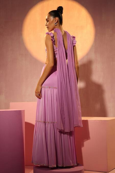 Shop Tyohar Purple Satin, Chiffon Zari, Nora Placement Embroidered Tiered Lehenga Blouse Set at Aza Fashions Shop_Tyohar_Purple Satin, Chiffon Zari, Nora Placement Embroidered Tiered Lehenga Blouse Set_at_Aza_Fashions