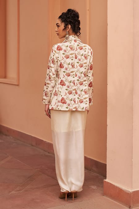 Shop Chhavvi Aggarwal Ivory Satin, Crepe Sequins, Blossom Print Embellished Jacket Skirt Set at Aza Fashions Shop_Chhavvi Aggarwal_Ivory Satin, Crepe Sequins, Blossom Print Embellished Jacket Skirt Set _at_Aza_Fashions