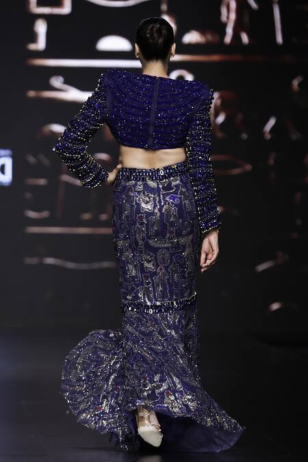 Shop Itrh Blue Net Crystals, Sequins Akhenaten Embellished Blouse And Fish-cut Lehenga Set at Aza Fashions Shop_Itrh_Blue Net Crystals, Sequins Akhenaten Embellished Blouse And Fish-cut Lehenga Set_at_Aza_Fashions