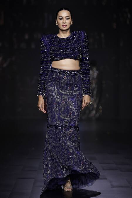 Itrh Blue Net Crystals, Sequins Akhenaten Embellished Blouse And Fish-cut Lehenga Set Online at Aza Fashions Itrh_Blue Net Crystals, Sequins Akhenaten Embellished Blouse And Fish-cut Lehenga Set_Online_at_Aza_Fashions