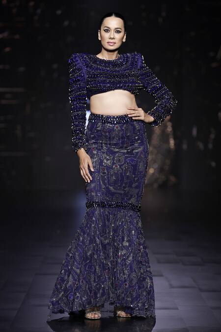 Buy Itrh Blue Net Crystals, Sequins Akhenaten Embellished Blouse And Fish-cut Lehenga Set Online at Aza Fashions Buy_Itrh_Blue Net Crystals, Sequins Akhenaten Embellished Blouse And Fish-cut Lehenga Set_Online_at_Aza_Fashions