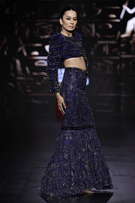Shop Itrh Blue Net Crystals, Sequins Akhenaten Embellished Blouse And Fish-cut Lehenga Set Online at Aza Fashions Shop_Itrh_Blue Net Crystals, Sequins Akhenaten Embellished Blouse And Fish-cut Lehenga Set_Online_at_Aza_Fashions