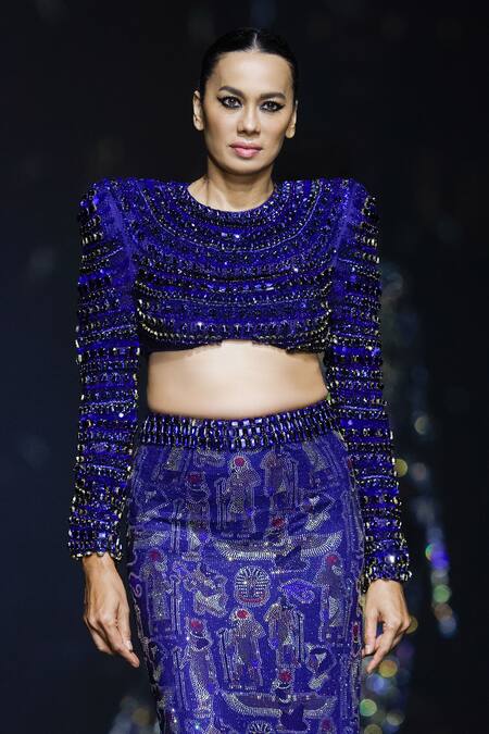 Buy Itrh Blue Net Crystals, Sequins Akhenaten Embellished Blouse And Fish-cut Lehenga Set Buy_Itrh_Blue Net Crystals, Sequins Akhenaten Embellished Blouse And Fish-cut Lehenga Set