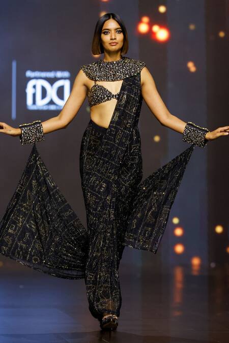 Shop Itrh Black Net Crystals Hieroglyphic Whimsy Embellished Pre-stitched Saree Set at Aza Fashions Shop_Itrh_Black Net Crystals Hieroglyphic Whimsy Embellished Pre-stitched Saree Set_at_Aza_Fashions