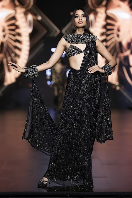 Itrh Black Net Crystals Hieroglyphic Whimsy Embellished Pre-stitched Saree Set Online at Aza Fashions Itrh_Black Net Crystals Hieroglyphic Whimsy Embellished Pre-stitched Saree Set_Online_at_Aza_Fashions