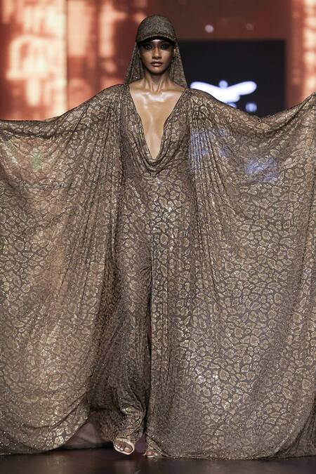 Itrh Brown Net Printed Leopard Deep Cowl Neck Safari Chic Jumpsuit Online at Aza Fashions Itrh_Brown Net Printed Leopard Deep Cowl Neck Safari Chic Jumpsuit_Online_at_Aza_Fashions