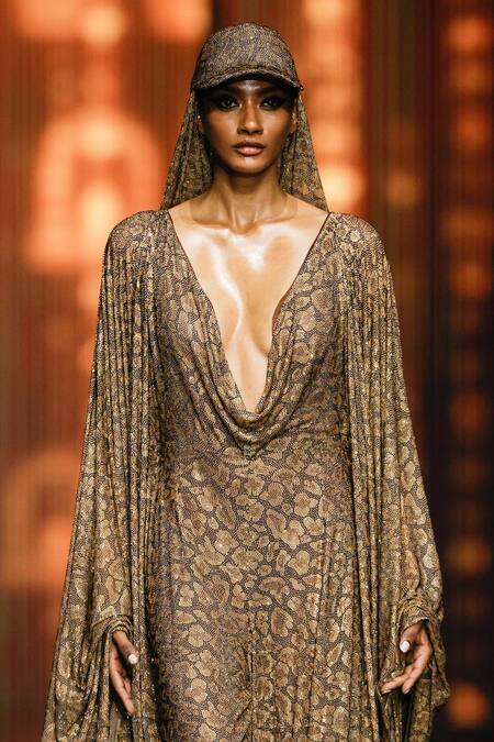 Shop Itrh Brown Net Printed Leopard Deep Cowl Neck Safari Chic Jumpsuit Online at Aza Fashions Shop_Itrh_Brown Net Printed Leopard Deep Cowl Neck Safari Chic Jumpsuit_Online_at_Aza_Fashions