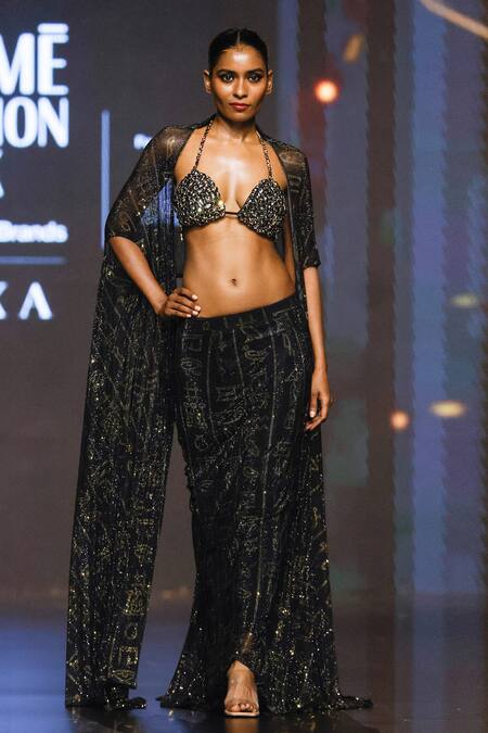 Itrh Black Net Crystals Halter Neck Desert Mirage Embellished Cape Skirt Set Online at Aza Fashions Itrh_Black Net Crystals Halter Neck Desert Mirage Embellished Cape Skirt Set_Online_at_Aza_Fashions