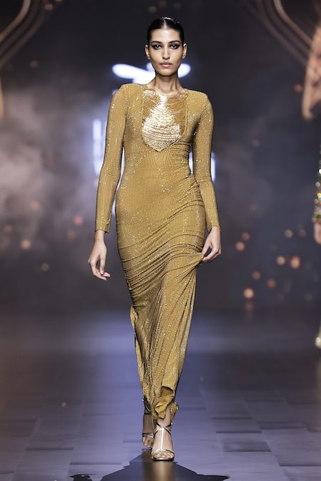 Itrh Gold Jersey Embellished Crystal Round Sparkle Siren Gown 