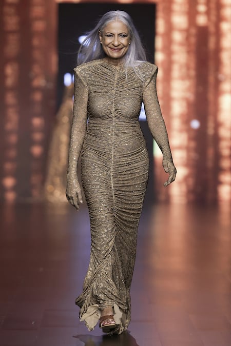 Shop_Itrh_Brown Net Crystals High Neck Wild Cat Leopard Print Ruched Gown _at_Aza_Fashions
