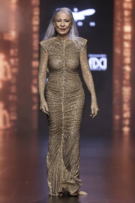 Itrh_Brown Net Crystals High Neck Wild Cat Leopard Print Ruched Gown _Online_at_Aza_Fashions