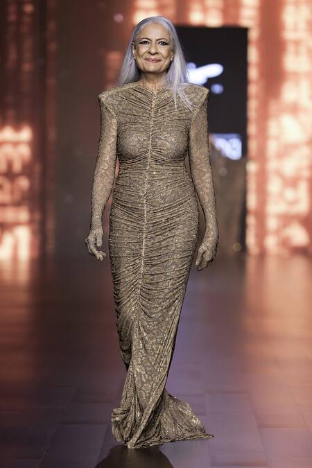 Buy_Itrh_Brown Net Crystals High Neck Wild Cat Leopard Print Ruched Gown _Online_at_Aza_Fashions