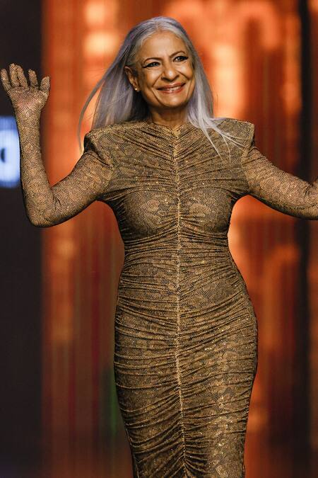 Shop_Itrh_Brown Net Crystals High Neck Wild Cat Leopard Print Ruched Gown _Online_at_Aza_Fashions