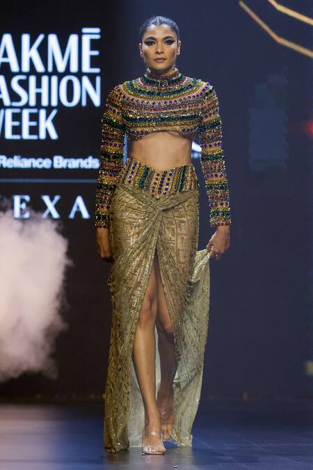 Shop Itrh Multi Color Net Embellished Crystal High Neck Pharaohs Finery Top And Skirt Set at Aza Fashions Shop_Itrh_Multi Color Net Embellished Crystal High Neck Pharaohs Finery Top And Skirt Set_at_Aza_Fashions