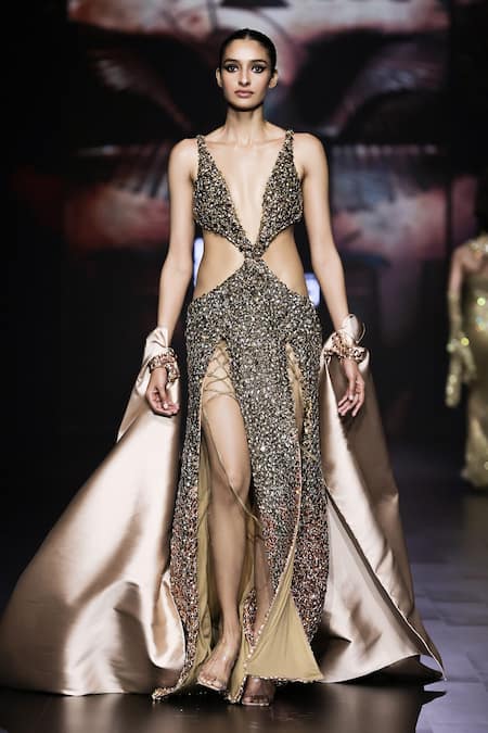 Buy_Itrh_Peach Net Embellished Crystal Deep V Neck Merneptah Gown_Online_at_Aza_Fashions