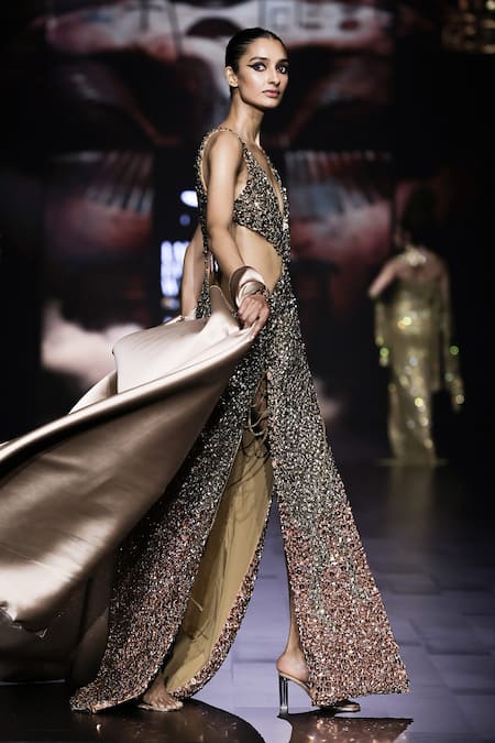 Itrh_Peach Net Embellished Crystal Deep V Neck Merneptah Gown_at_Aza_Fashions