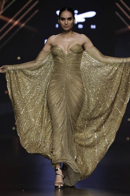 Itrh_Gold Net Embellished Crystal Sweetheart Raquel Ruched Gown_Online_at_Aza_Fashions