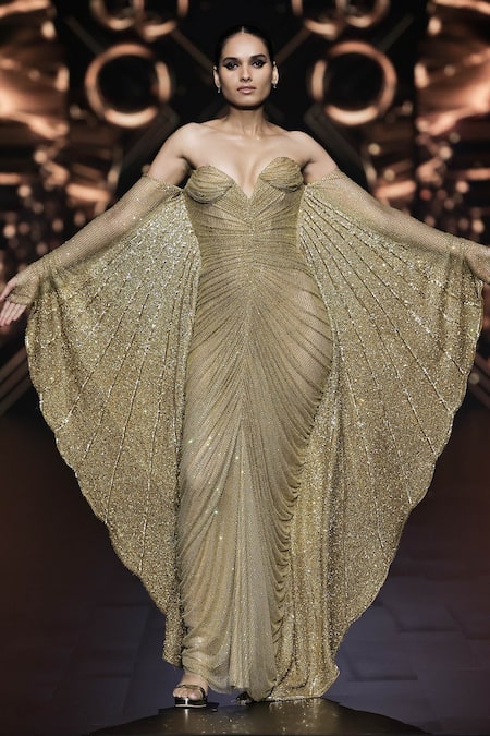 Shop_Itrh_Gold Net Embellished Crystal Sweetheart Raquel Ruched Gown_Online_at_Aza_Fashions